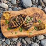 Fire-grilled swordfish steak sliced open on a wooden board with herb oil drizzle and charred lemon halves