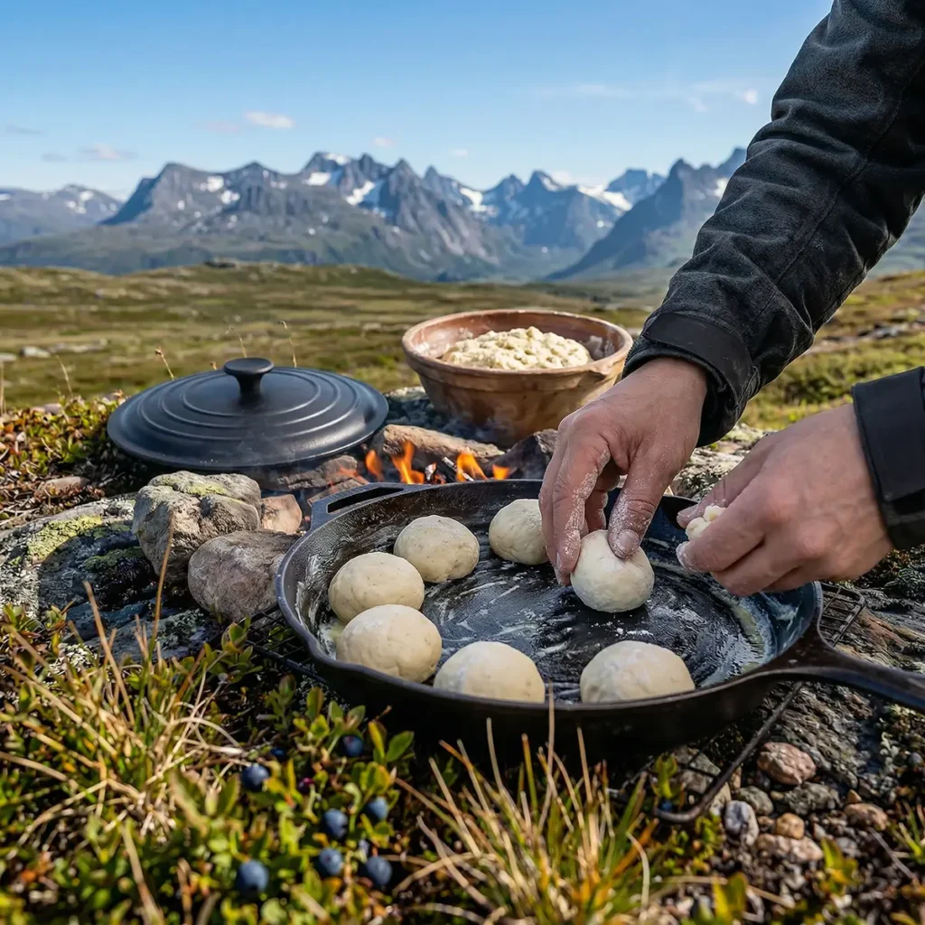 Campfire Potato Buns — Soft, Smoky Cast Iron Bread Over Open Fire 3 Hands shaping soft potato dough balls into a buttered cast iron skillet beside an open campfire