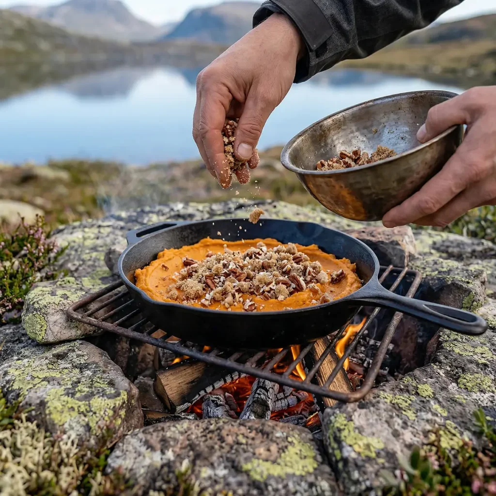 Fire-Roasted Sweet Potato Casserole with Pecan Crunch — Built Over Hardwood Coals 3 Hands mashing roasted sweet potato flesh with butter and spices in a camp bowl beside glowing coals