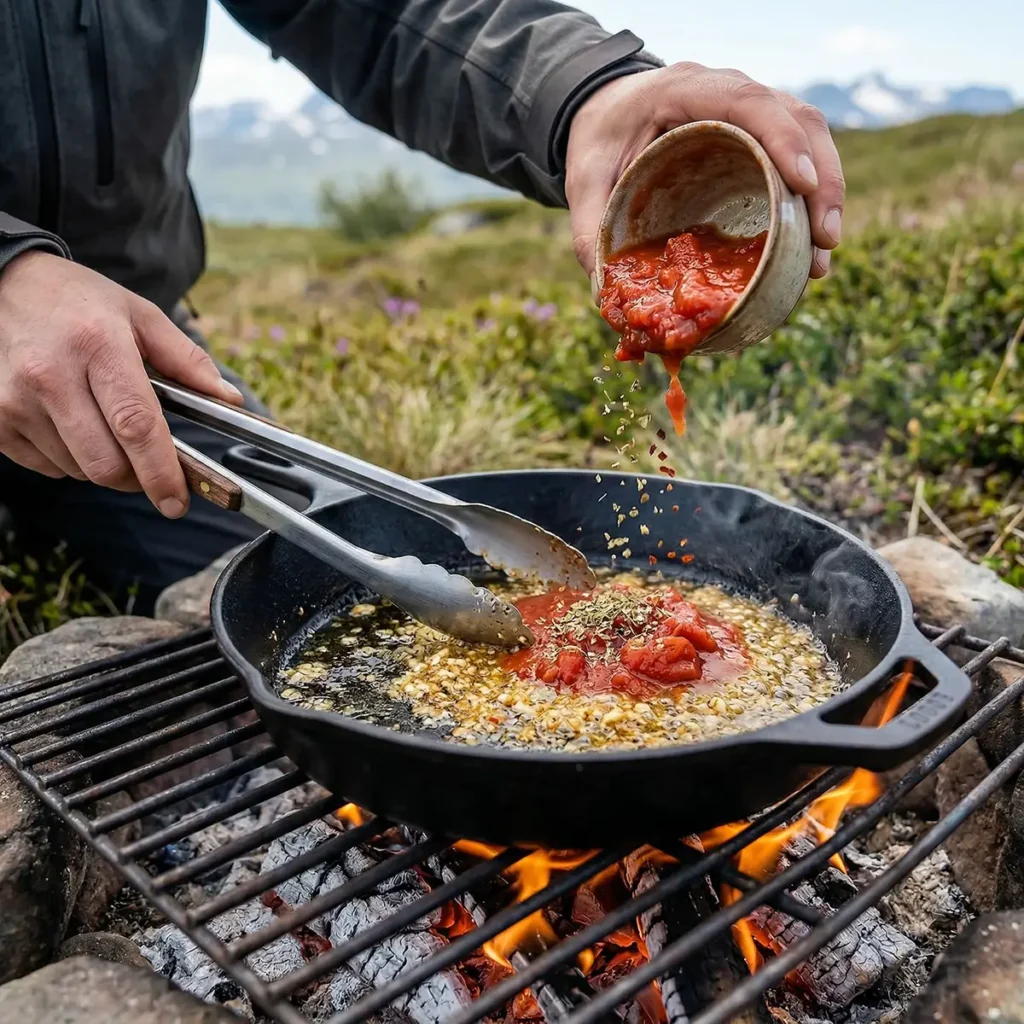 Hands shaping soft potato dough balls into a buttered cast iron skillet beside an open campfire