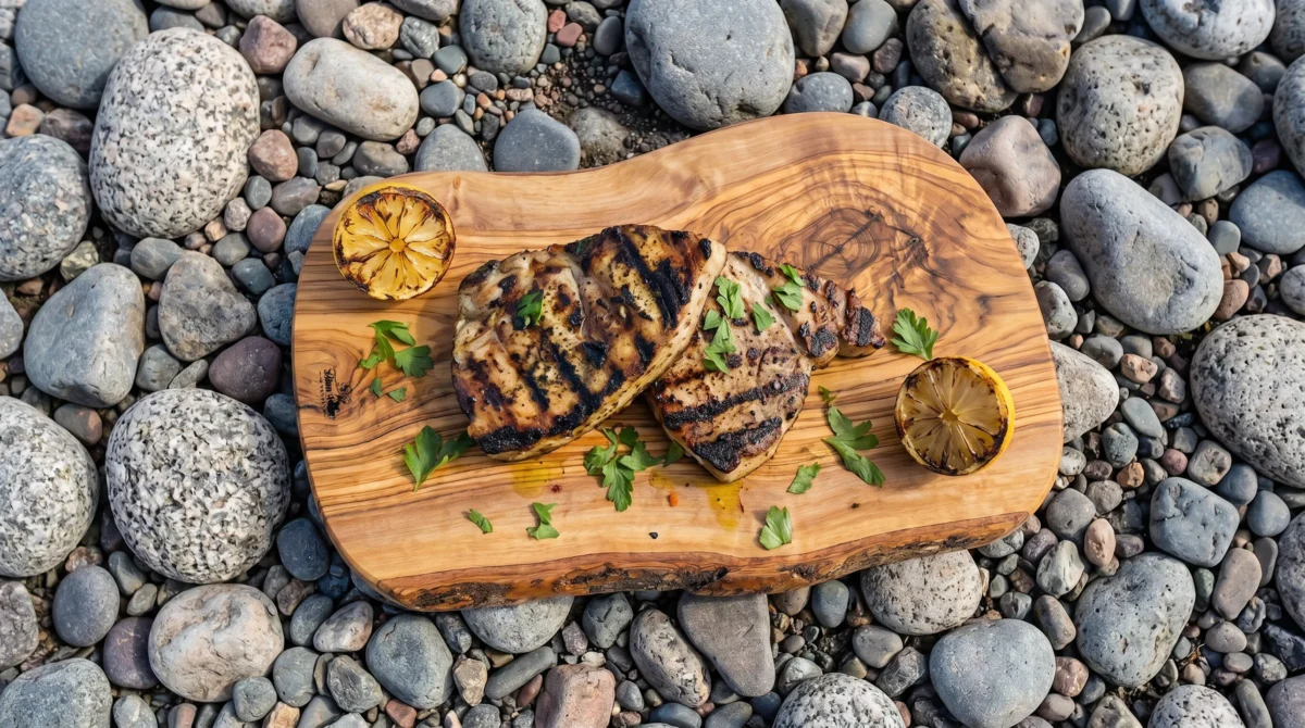 3 Best Weekend Cookout Recipes to Fire Up Your Saturday 7 Fire-grilled swordfish steak sliced open on a wooden board with herb oil drizzle and charred lemon halves