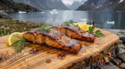 Honey garlic salmon sizzling in a cast iron skillet over campfire coals, skin side down, glaze caramelizing
