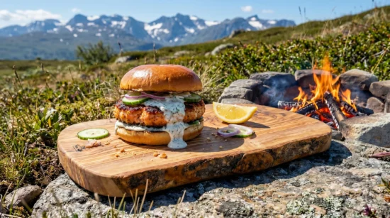 Grilled Salmon Burger with Dill Sauce — Fired Over Open Flame 3 Grilled salmon burger with dill sauce on a brioche bun, shot over an open fire with smoke and coastline in background