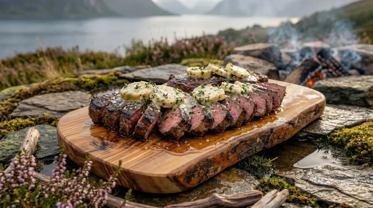 lk steak with bone marrow compound butter melting over a dark crust, resting on a wooden board next to a Norwegian fjord fire