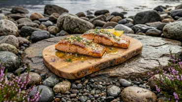 A heavy cast iron skillet resting on glowing campfire coals holding a perfectly seared cast iron campfire salmon filet.