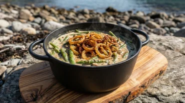 Open fire green bean casserole in a cast iron skillet over glowing hardwood coals, topped with crispy fried onions