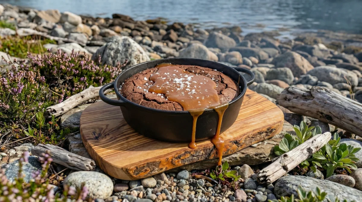 Campfire Skillet Brownie with Salted Bone Marrow Caramel 8 Campfire skillet brownie with bone marrow caramel poured over in cast iron by open fire at night