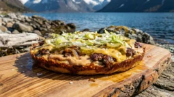 Smashburger pizza in a cast iron skillet over open fire with melted cheese and caramelized onions