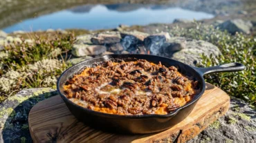 Fire-roasted sweet potato casserole in cast iron skillet with pecan crunch topping over campfire coals