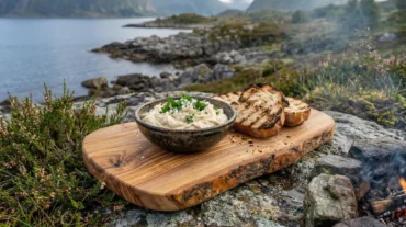 Smoked bone mararow dip in a rustic bowl with grilled sourdough slices, set on a wooden board beside glowing fire coals