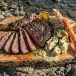 A massive, smoky Tomahawk and Crab feast served on a wooden board next to a roaring campfire.
