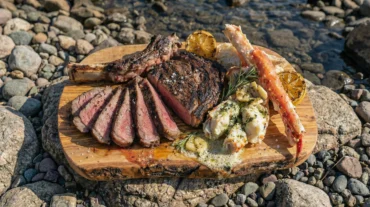 A massive, smoky Tomahawk and Crab feast served on a wooden board next to a roaring campfire.
