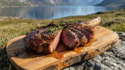A massive, perfectly crusted fire-roasted tomahawk steak resting on a scarred wooden board in the forest.