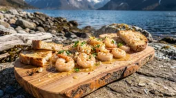 Open fire shrimp scampi seared in cast iron skillet over glowing hardwood coals at a Norwegian fjord