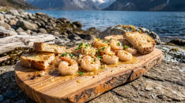Open fire shrimp scampi seared in cast iron skillet over glowing hardwood coals at a Norwegian fjord